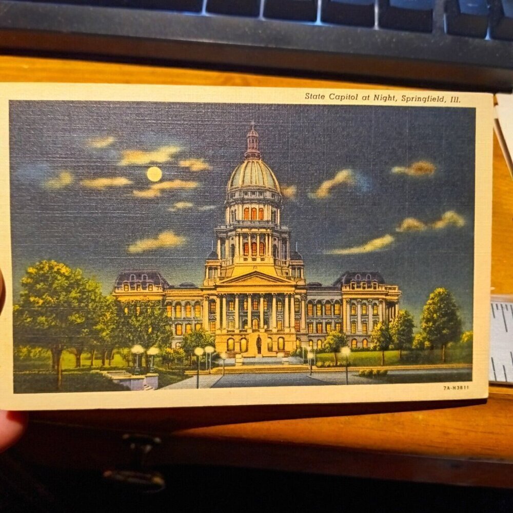 Springfield Illinois Postcard State Capital Building at Night Moonlight 1940s